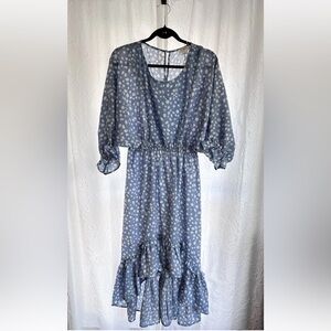 Umgee Blue And White Polka dot Hi-low SunDress Ruffles Medium Blouson